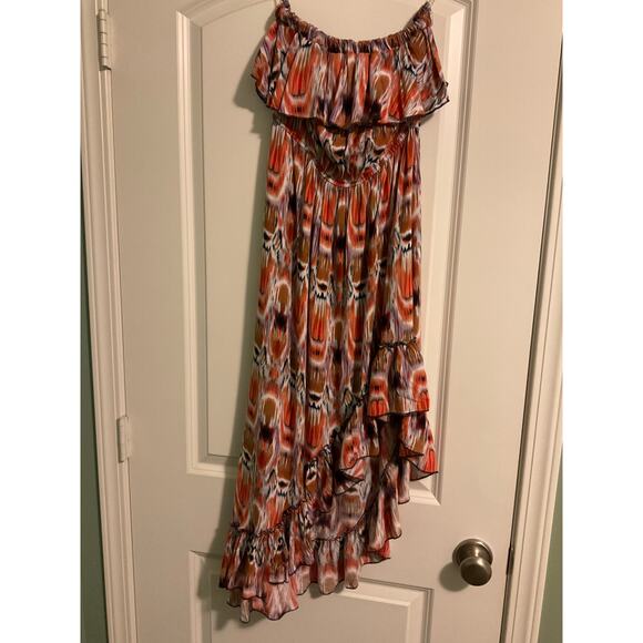 Poetry Women's Dress Tiered Hem High Low Midi Strapless Mixed Print Size M BOHO - Picture 2 of 5